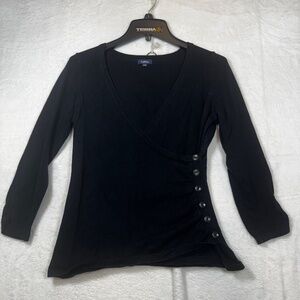 Reitmans Top Womens Size Medium Black Cross Front Scrunch Side Goth Ballet